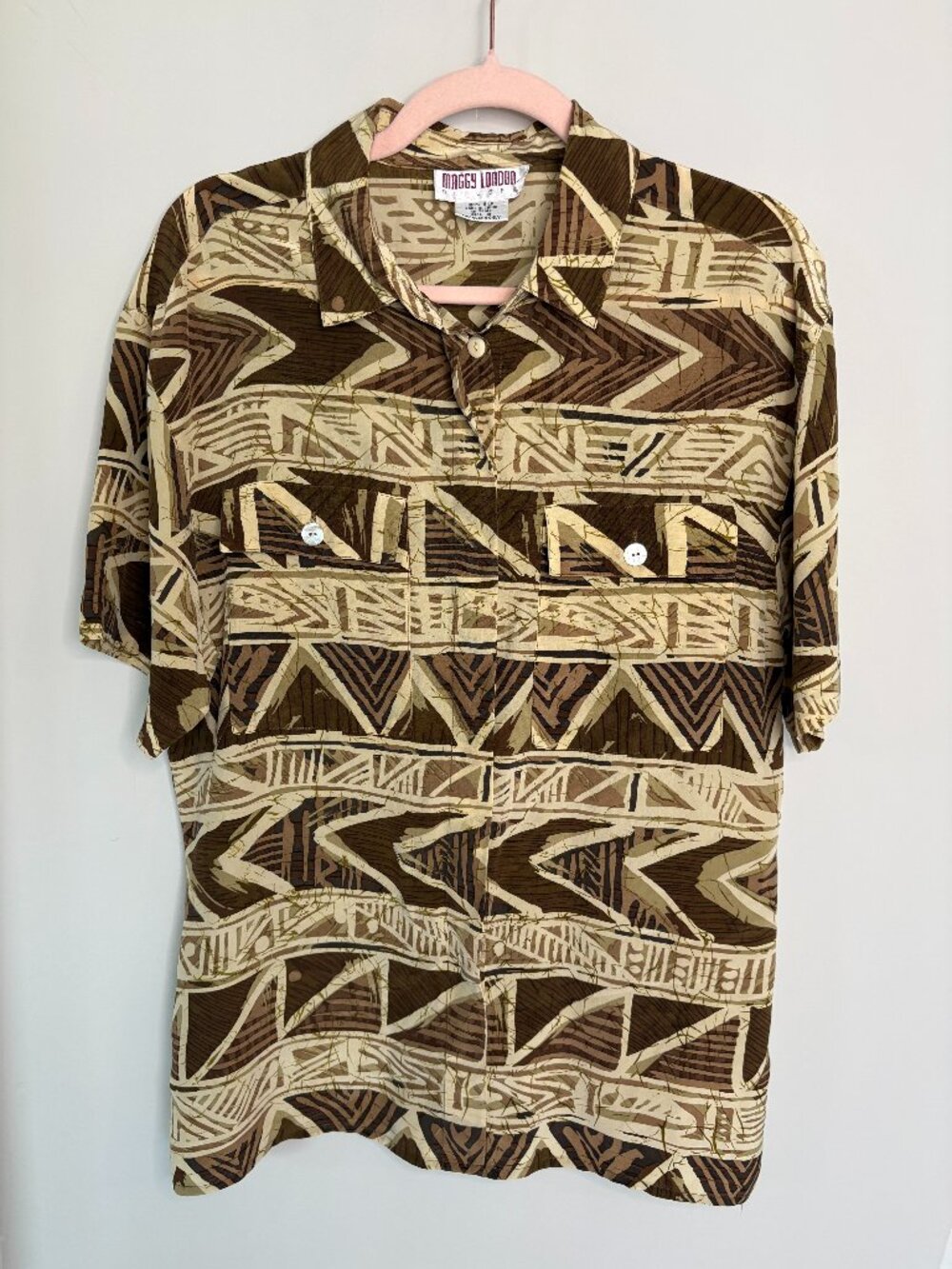 Vintage Maggy London Silk Blouse Women Size 8 Brown Geometric Tribal Button Down